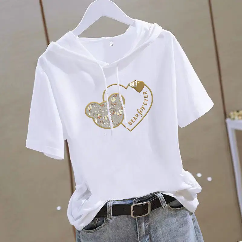 Women 2025 White Hooded T-Shirt with Gold Graphic - Image 7