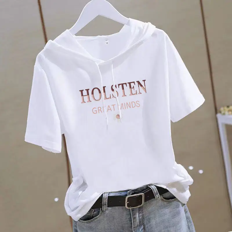 Women 2025 White Hooded T-Shirt with Gold Graphic - Image 8