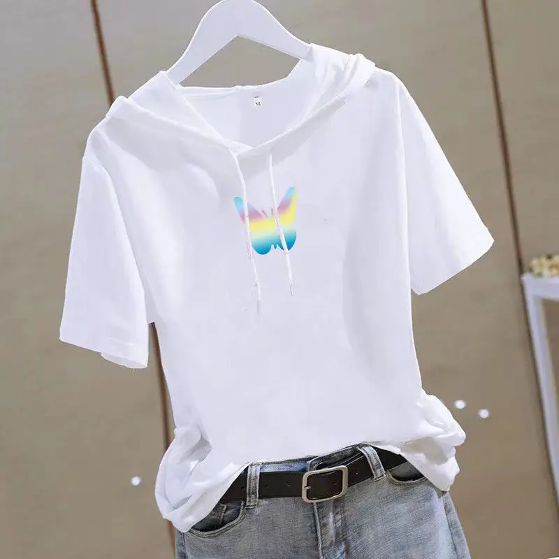 Women 2025 White Hooded T-Shirt with Gold Graphic - Image 9