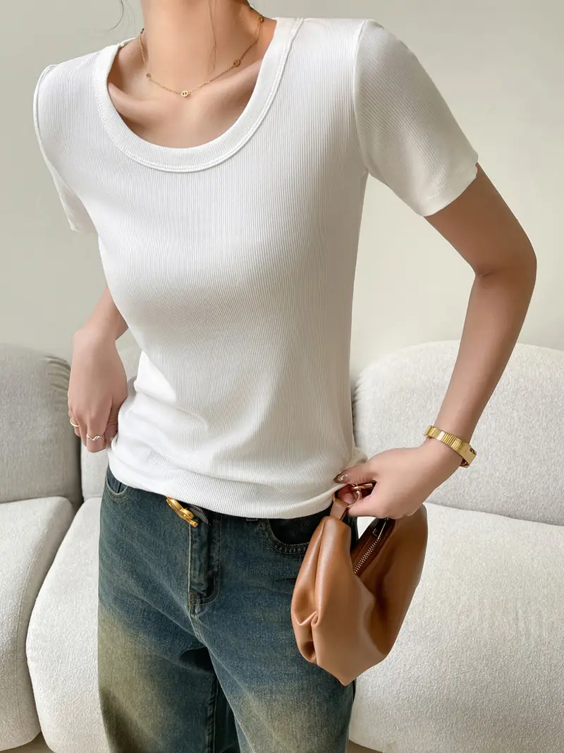 Women Short Sleeve T-Shirt Solid Color Slim Fit Ribbed Cotton - Image 9