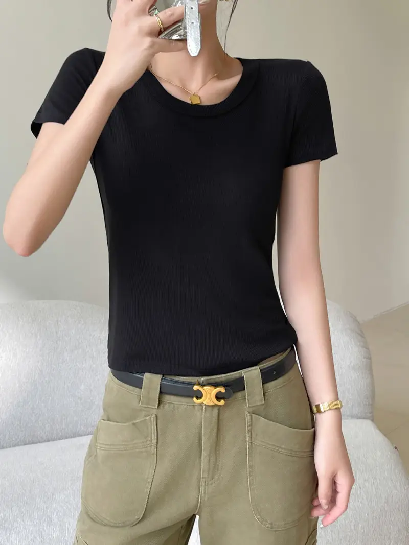 Women Short Sleeve T-Shirt Solid Color Slim Fit Ribbed Cotton - Image 10