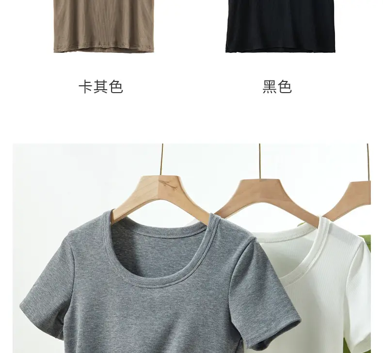 Women Short Sleeve T-Shirt Solid Color Slim Fit Ribbed Cotton — feature 13