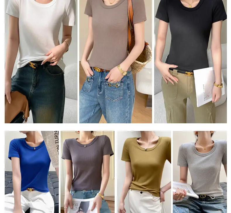 Women Short Sleeve T-Shirt Solid Color Slim Fit Ribbed Cotton — feature 17