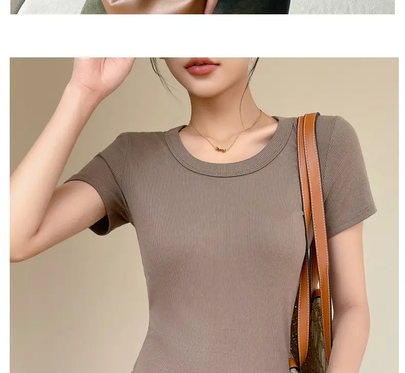 Women Short Sleeve T-Shirt Solid Color Slim Fit Ribbed Cotton — feature 21