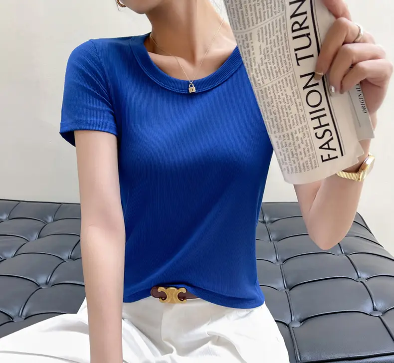 Women Short Sleeve T-Shirt Solid Color Slim Fit Ribbed Cotton — feature 24