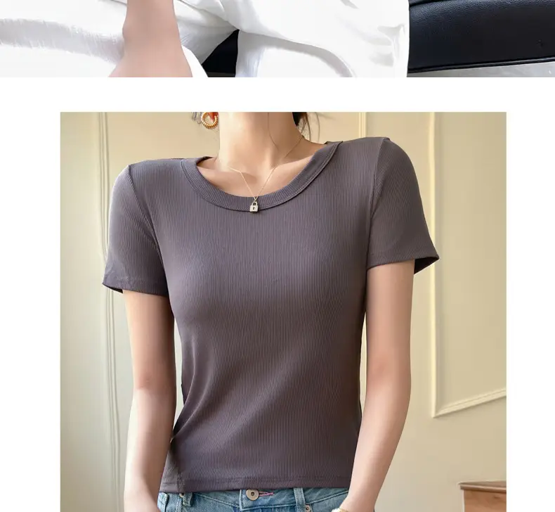 Women Short Sleeve T-Shirt Solid Color Slim Fit Ribbed Cotton — feature 25