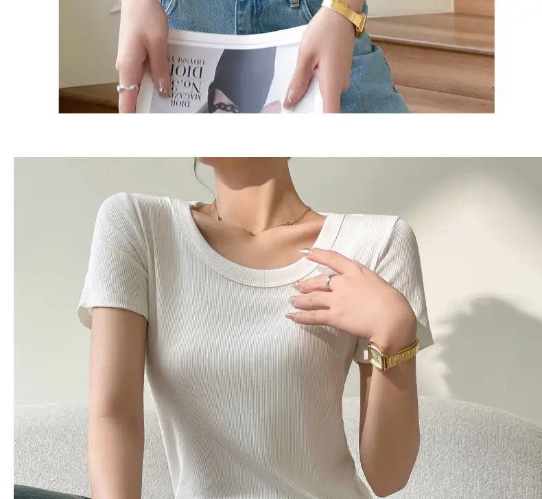 Women Short Sleeve T-Shirt Solid Color Slim Fit Ribbed Cotton — feature 26