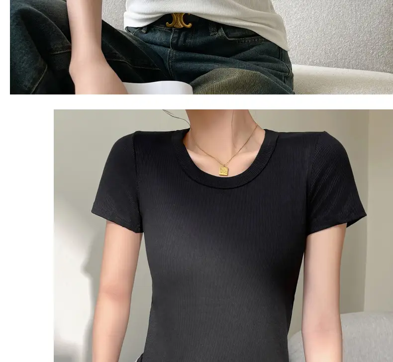 Women Short Sleeve T-Shirt Solid Color Slim Fit Ribbed Cotton — feature 27