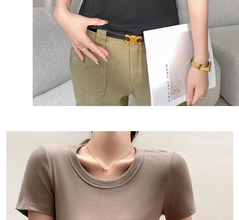 Women Short Sleeve T-Shirt Solid Color Slim Fit Ribbed Cotton — feature 28