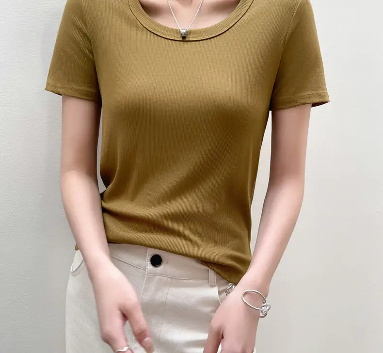 Women Short Sleeve T-Shirt Solid Color Slim Fit Ribbed Cotton — feature 30