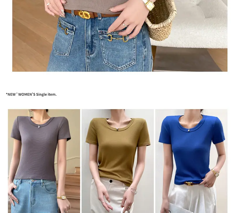 Women Short Sleeve T-Shirt Solid Color Slim Fit Ribbed Cotton — feature 7