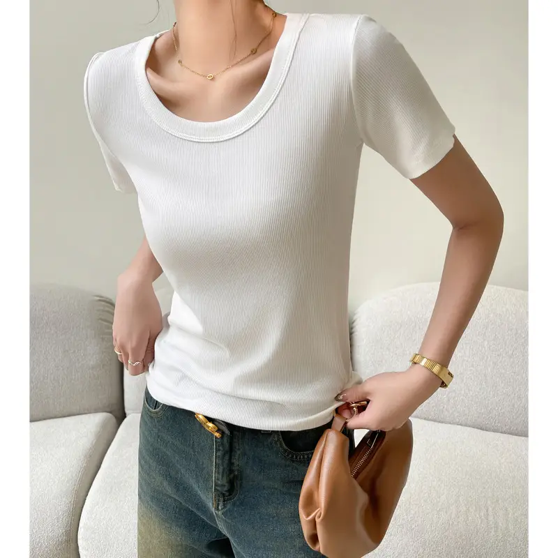 Women Short Sleeve T-Shirt Solid Color Slim Fit Ribbed Cotton - Image 2