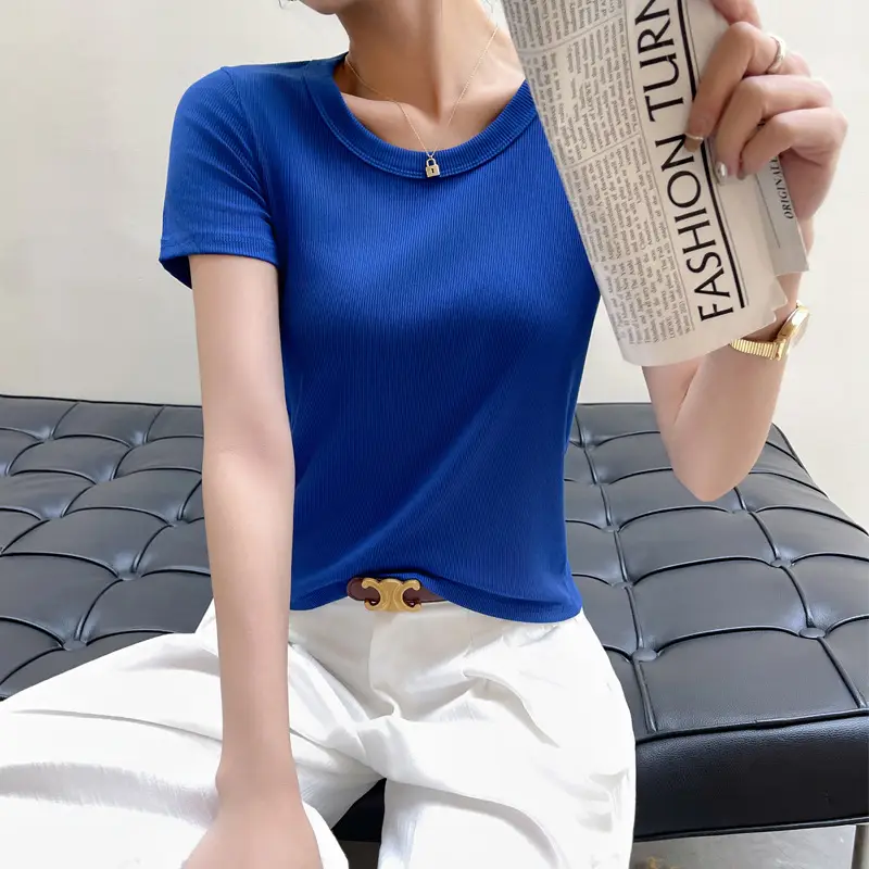Women Short Sleeve T-Shirt Solid Color Slim Fit Ribbed Cotton - Image 3