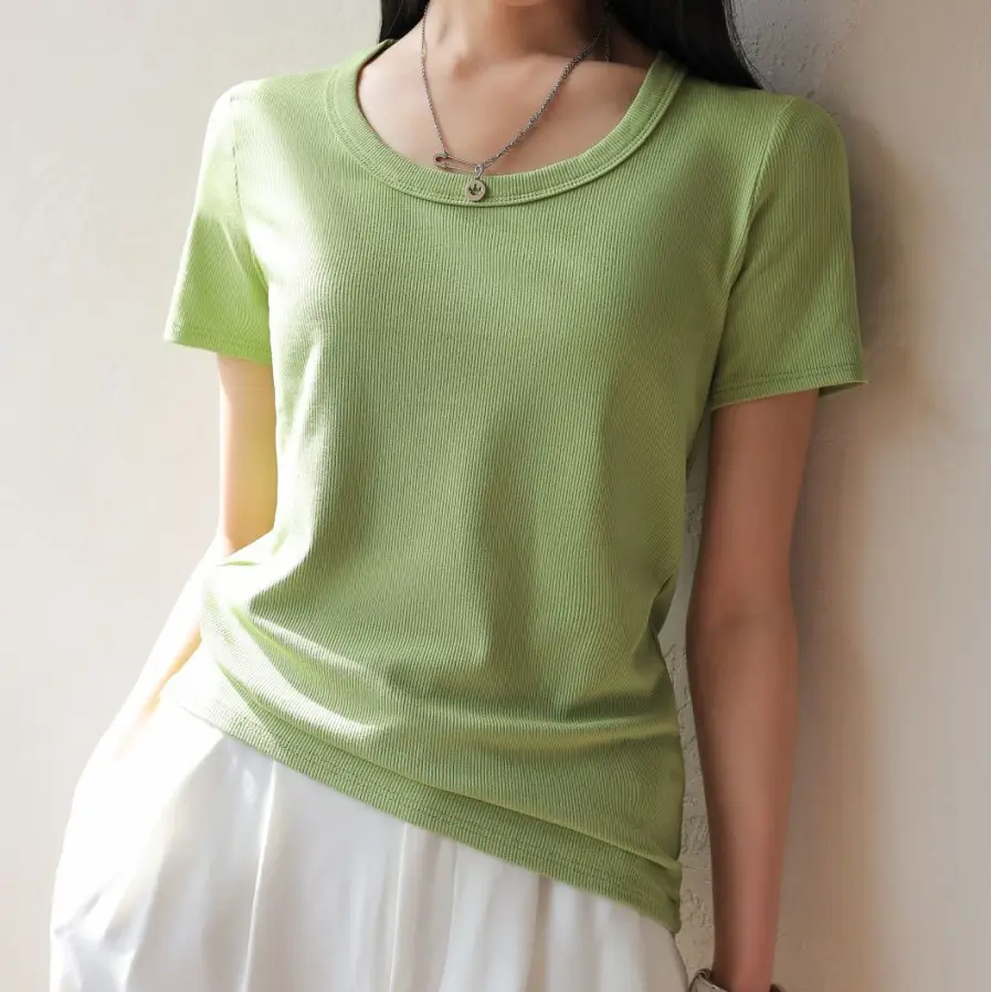 Women Short Sleeve T-Shirt Solid Color Slim Fit Ribbed Cotton - Image 4