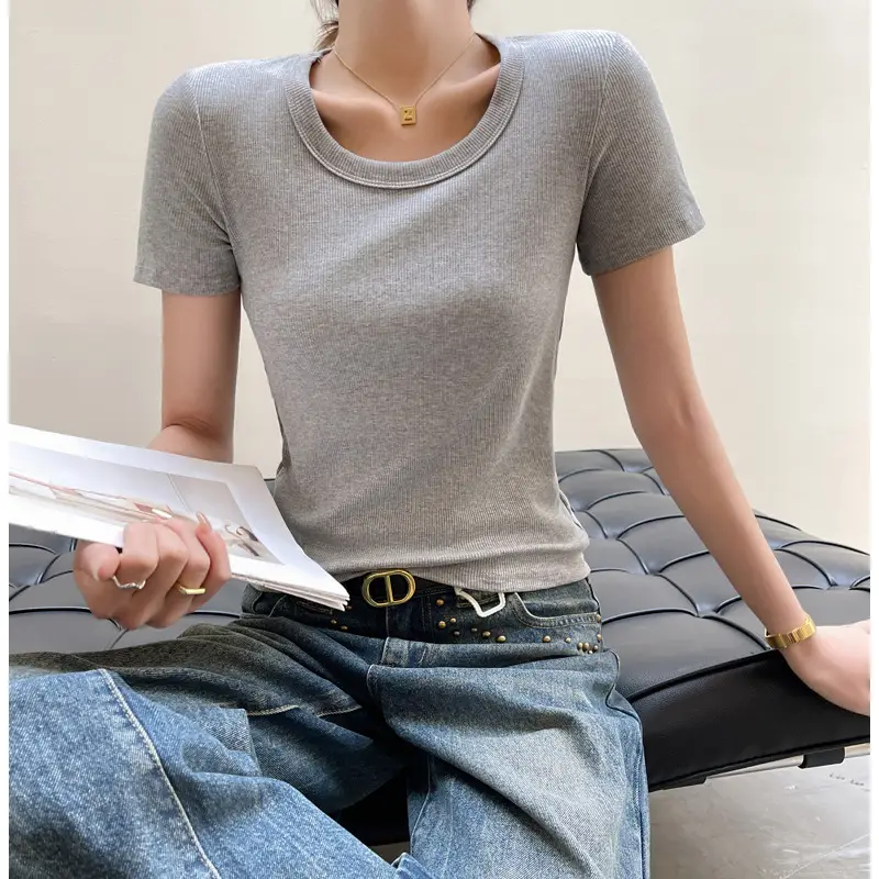 Women Short Sleeve T-Shirt Solid Color Slim Fit Ribbed Cotton - Image 6