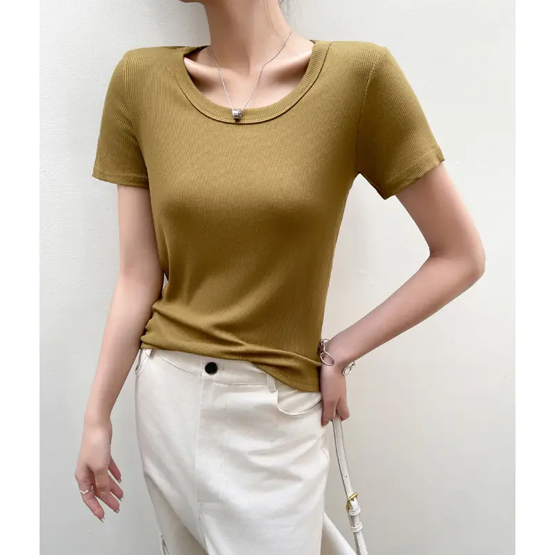 Women Short Sleeve T-Shirt Solid Color Slim Fit Ribbed Cotton - Image 7