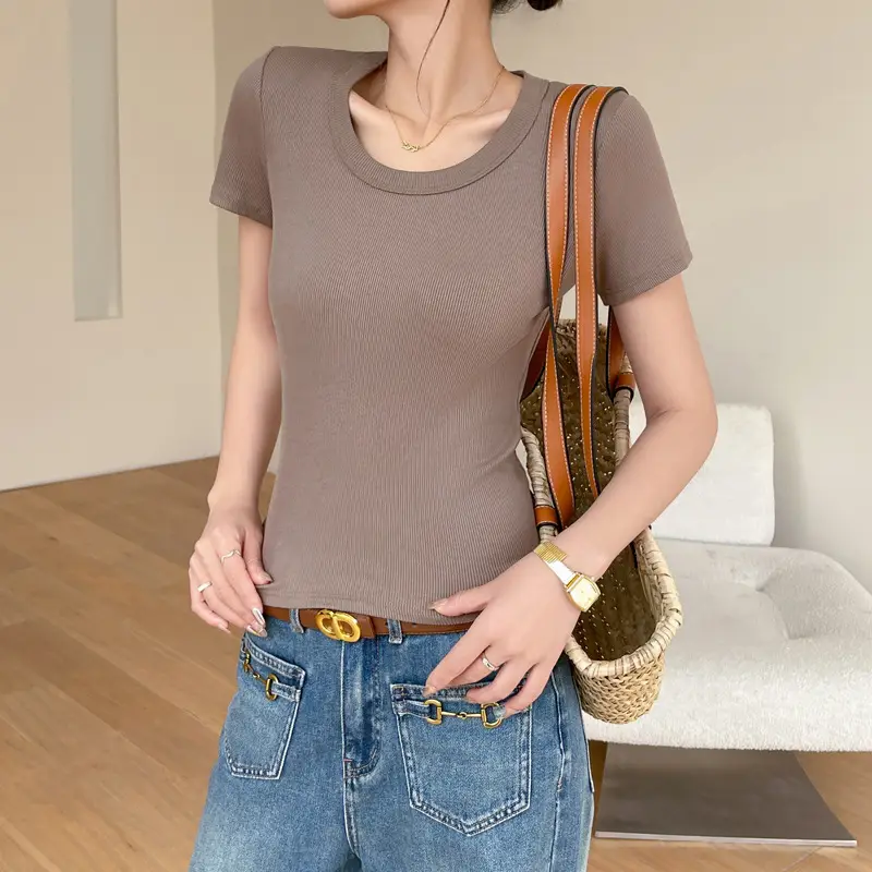 Women Short Sleeve T-Shirt Solid Color Slim Fit Ribbed Cotton - Image 8