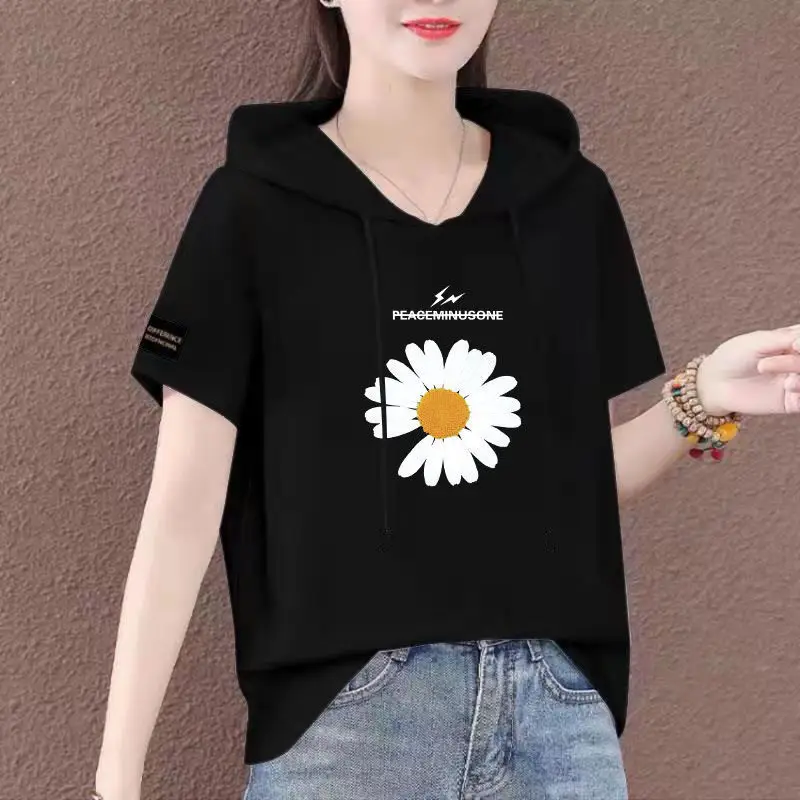Women Plus Size White Hooded T-Shirt 2025 Summer Loose Fit — feature 14