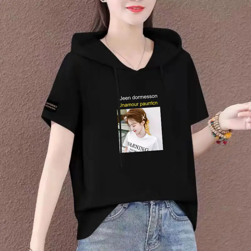 Women Plus Size White Hooded T-Shirt 2025 Summer Loose Fit — feature 16