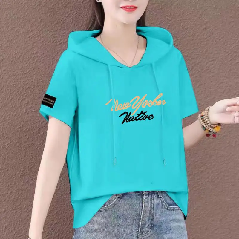 Women Plus Size White Hooded T-Shirt 2025 Summer Loose Fit — feature 20