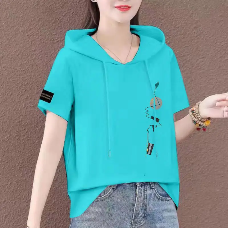 Women Plus Size White Hooded T-Shirt 2025 Summer Loose Fit — feature 23