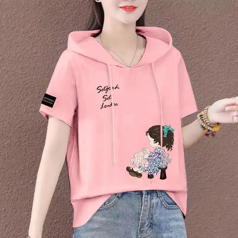 Women Plus Size White Hooded T-Shirt 2025 Summer Loose Fit — feature 24