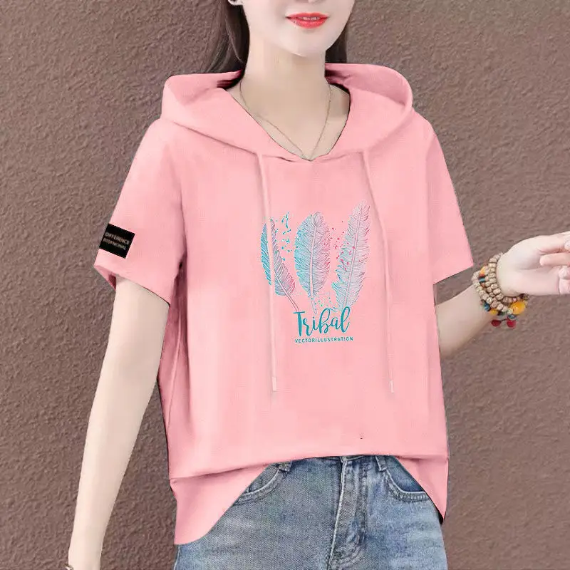 Women Plus Size White Hooded T-Shirt 2025 Summer Loose Fit — feature 28
