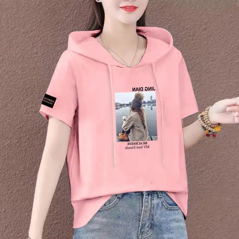 Women Plus Size White Hooded T-Shirt 2025 Summer Loose Fit — feature 30