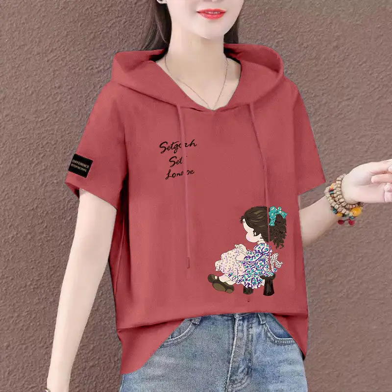 Women Plus Size White Hooded T-Shirt 2025 Summer Loose Fit — feature 31