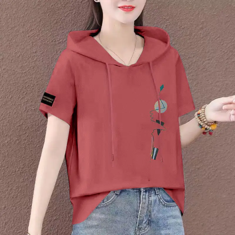 Women Plus Size White Hooded T-Shirt 2025 Summer Loose Fit — feature 37
