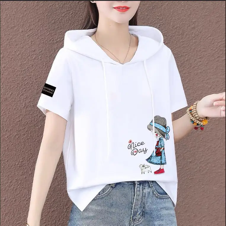 Women Plus Size White Hooded T-Shirt 2025 Summer Loose Fit — feature 4