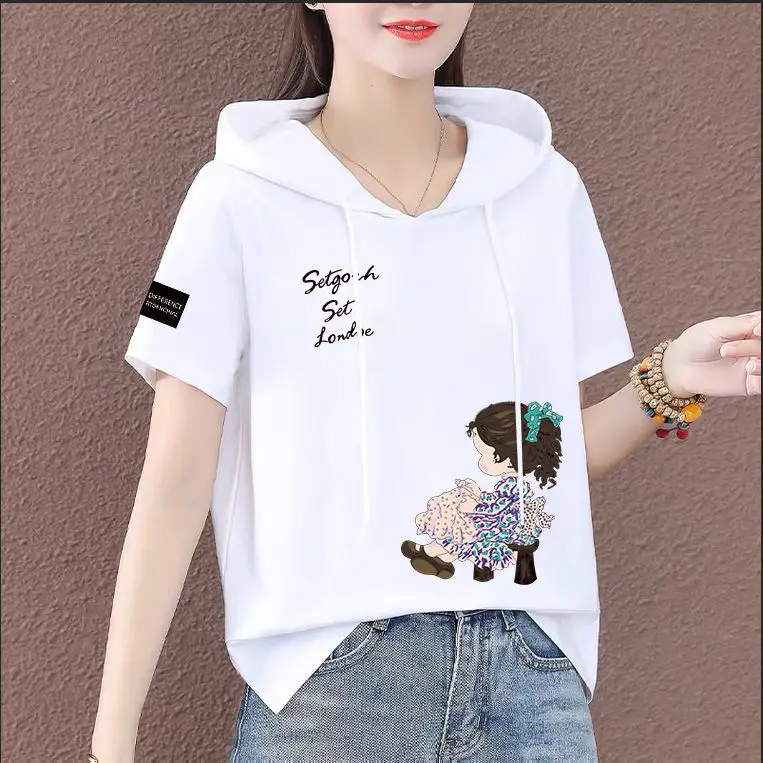 Women Plus Size White Hooded T-Shirt 2025 Summer Loose Fit — feature 5