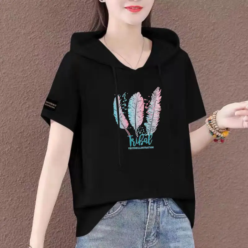 Women Plus Size White Hooded T-Shirt 2025 Summer Loose Fit - Image 10