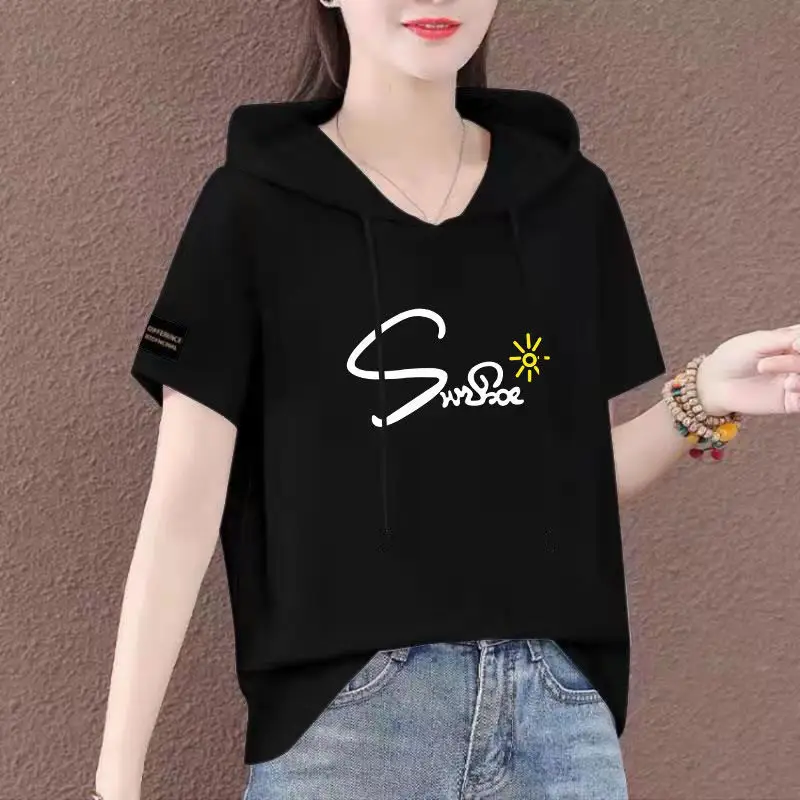 Women Plus Size White Hooded T-Shirt 2025 Summer Loose Fit - Image 12