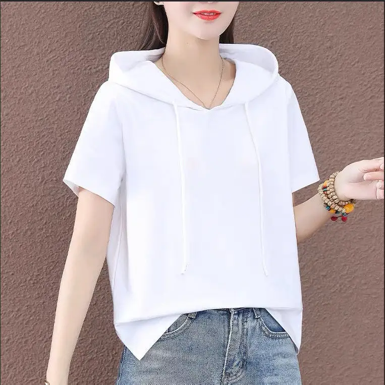 Women Plus Size White Hooded T-Shirt 2025 Summer Loose Fit - Image 13