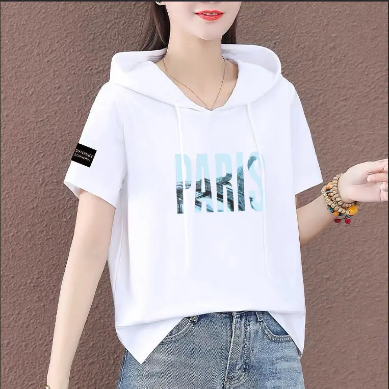 Women Plus Size White Hooded T-Shirt 2025 Summer Loose Fit - Image 2