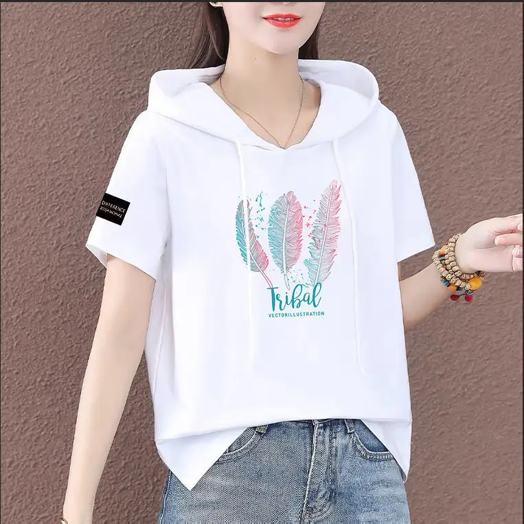 Women Plus Size White Hooded T-Shirt 2025 Summer Loose Fit - Image 3