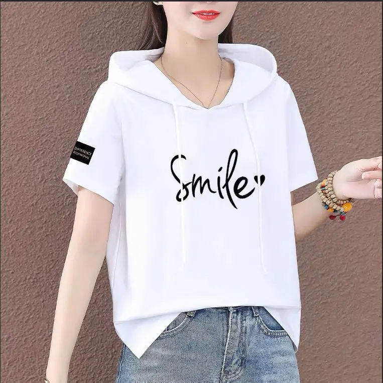 Women Plus Size White Hooded T-Shirt 2025 Summer Loose Fit - Image 4