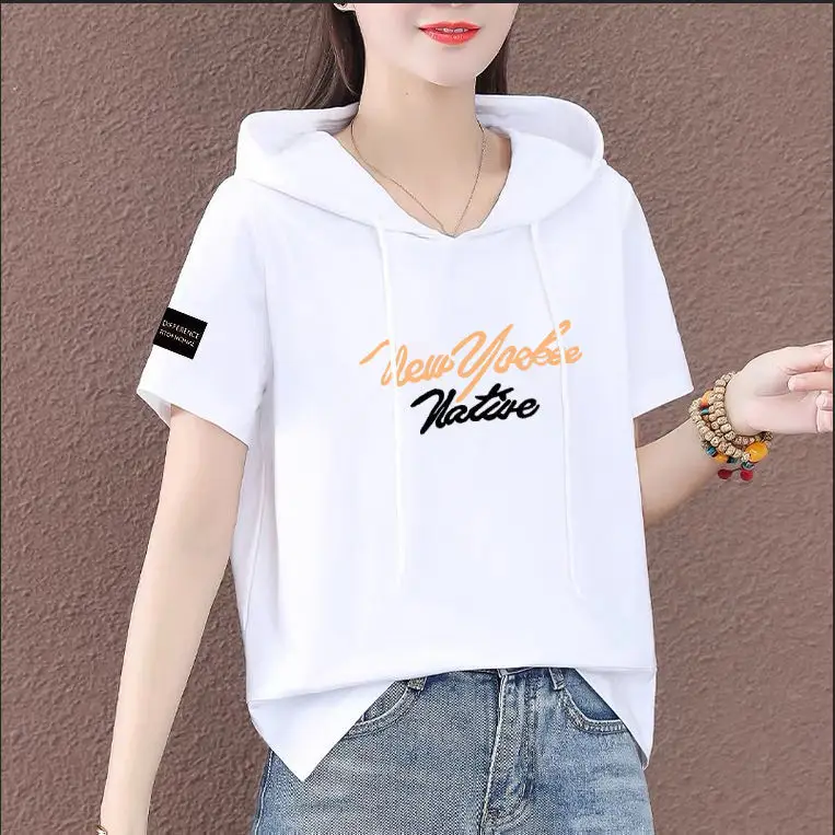Women Plus Size White Hooded T-Shirt 2025 Summer Loose Fit - Image 5