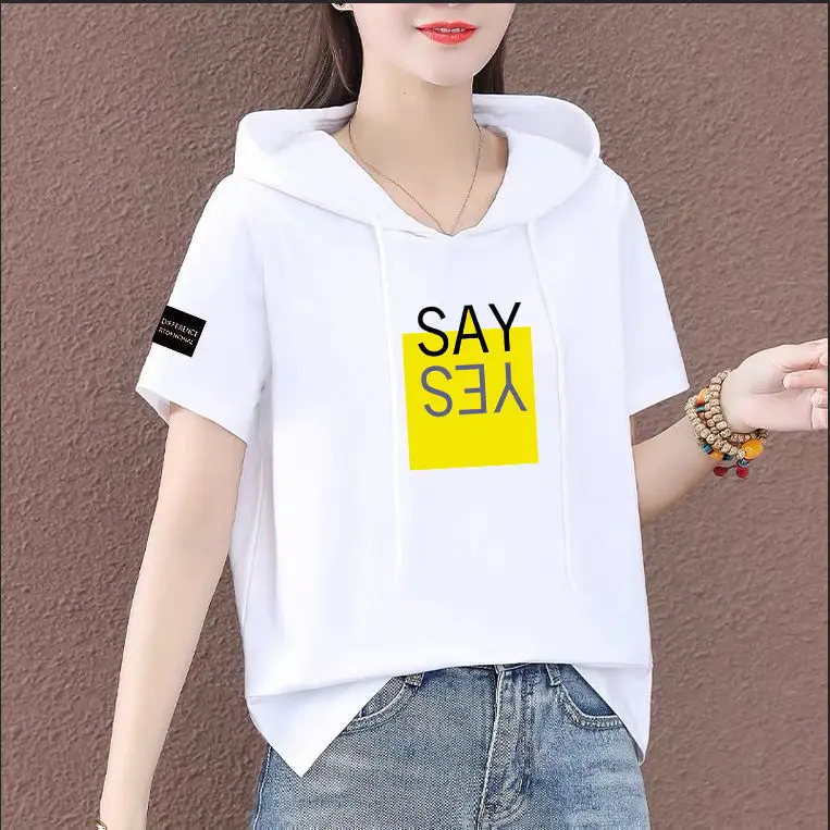 Women Plus Size White Hooded T-Shirt 2025 Summer Loose Fit - Image 6