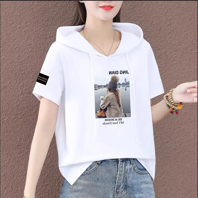 Women Plus Size White Hooded T-Shirt 2025 Summer Loose Fit - Image 7