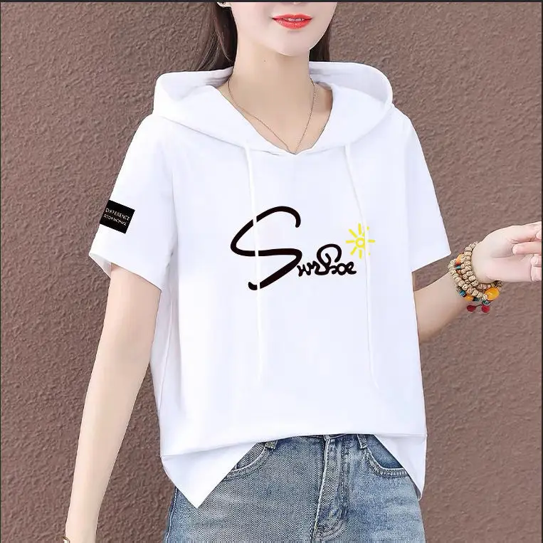 Women Plus Size White Hooded T-Shirt 2025 Summer Loose Fit - Image 8