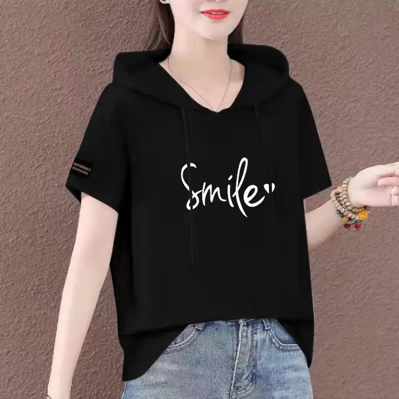Women Plus Size White Hooded T-Shirt 2025 Summer Loose Fit - Image 9