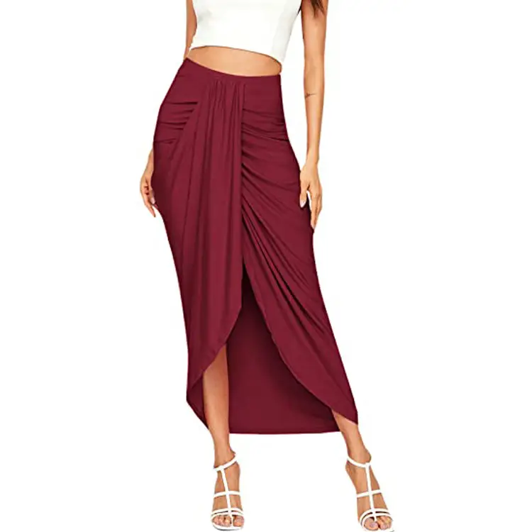 2021 Women's Maroon Split Wrap Skirt High Waist Pleated - Image 2
