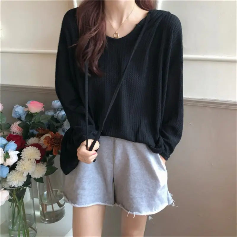 Women Waffle Long Sleeve Hooded T-Shirt Grey - Image 6