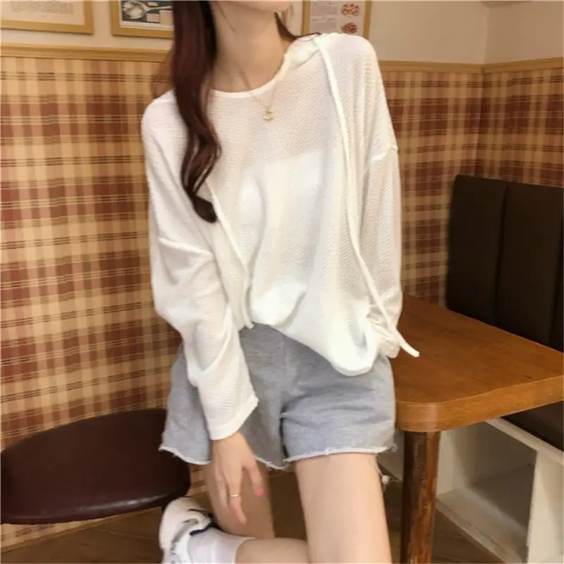Women Waffle Long Sleeve Hooded T-Shirt Grey - Image 7