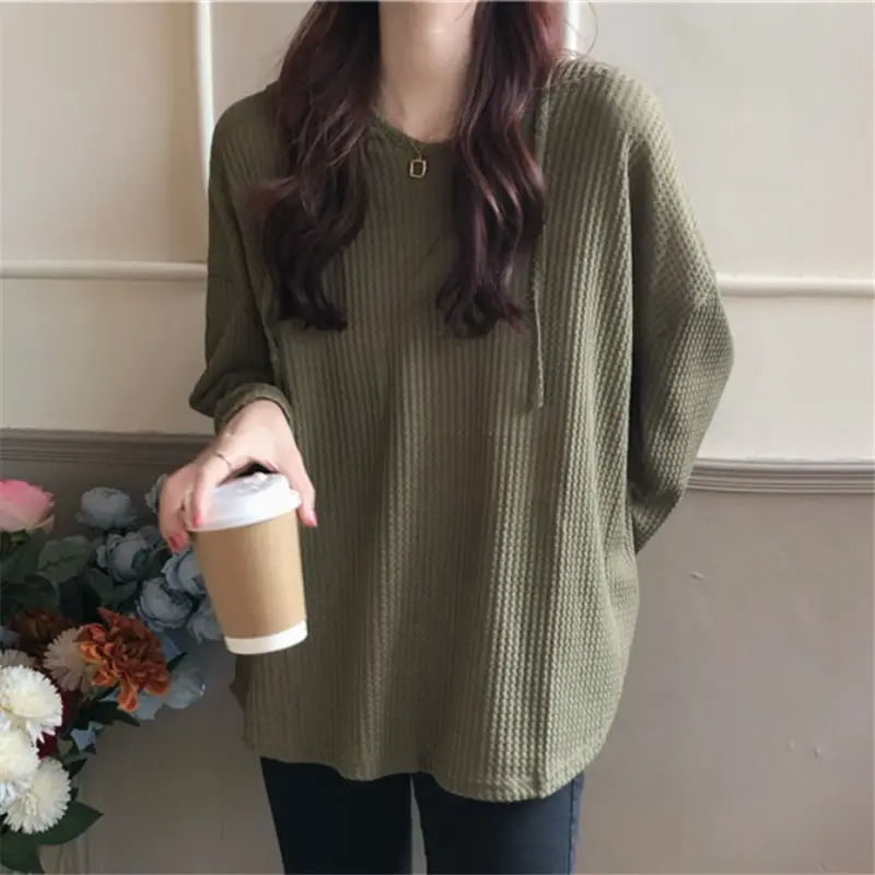 Women Waffle Long Sleeve Hooded T-Shirt Grey - Image 8