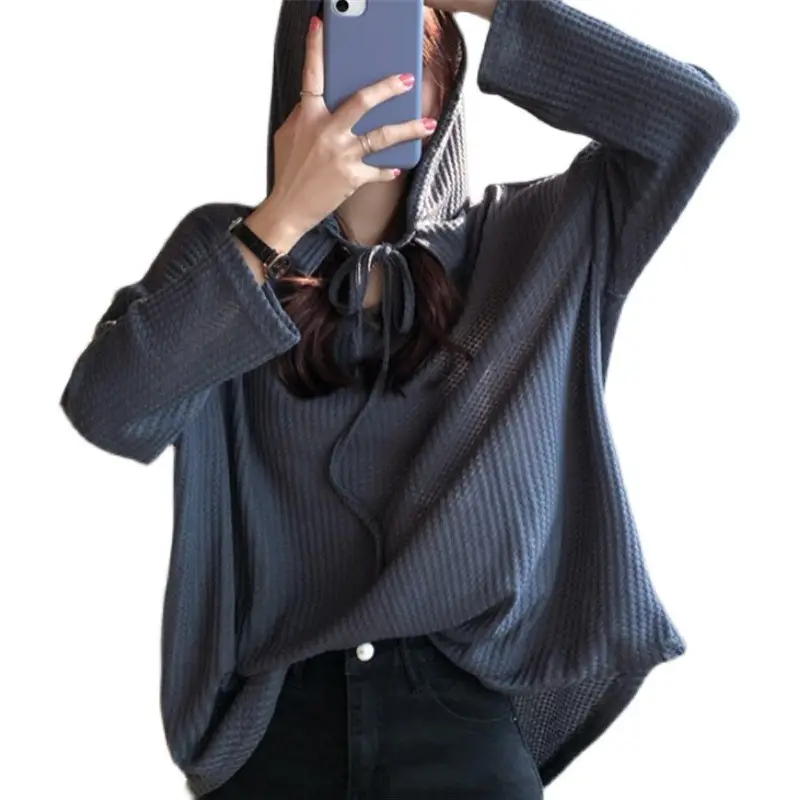 Women Waffle Long Sleeve Hooded T-Shirt Grey - Image 9