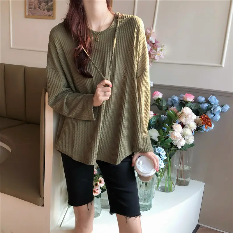 Women Waffle Long Sleeve Hooded T-Shirt Grey — feature 11