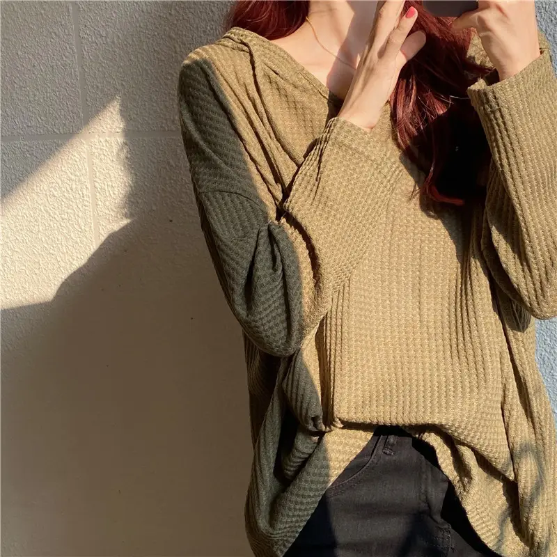 Women Waffle Long Sleeve Hooded T-Shirt Grey — feature 12